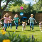 Hunde og børn der leger i haven